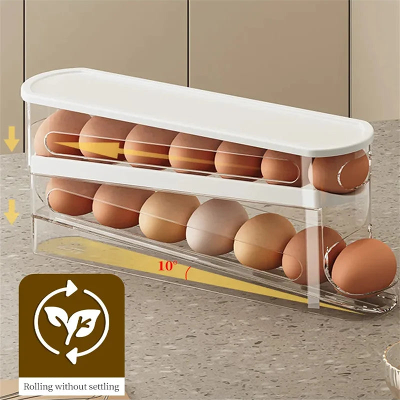 Double Layers Egg Storage Box Refrigerator Automatic Rolling Slide Egg Rack Refrigerator Side Door Freshness Box Kitchen Storage - Zecs shopping