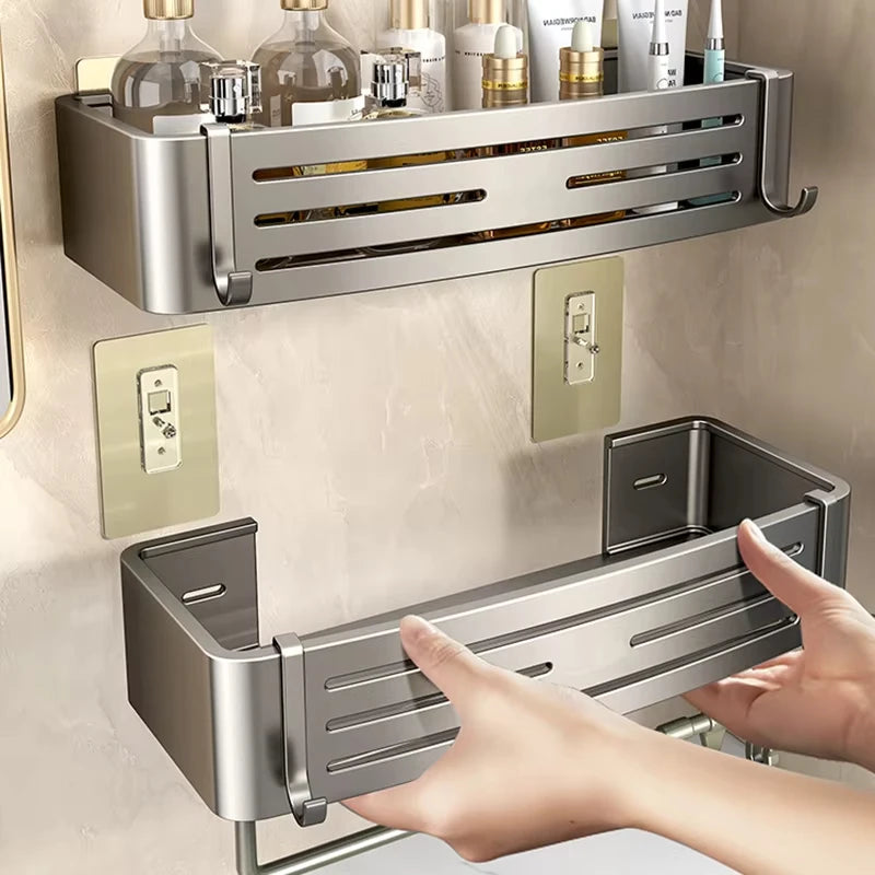 Wall Mounted No-Drill Bathroom Shelf Aluminum Alloy Storage Holder for Shampoo Makeup Kitchen Organizer Accessory