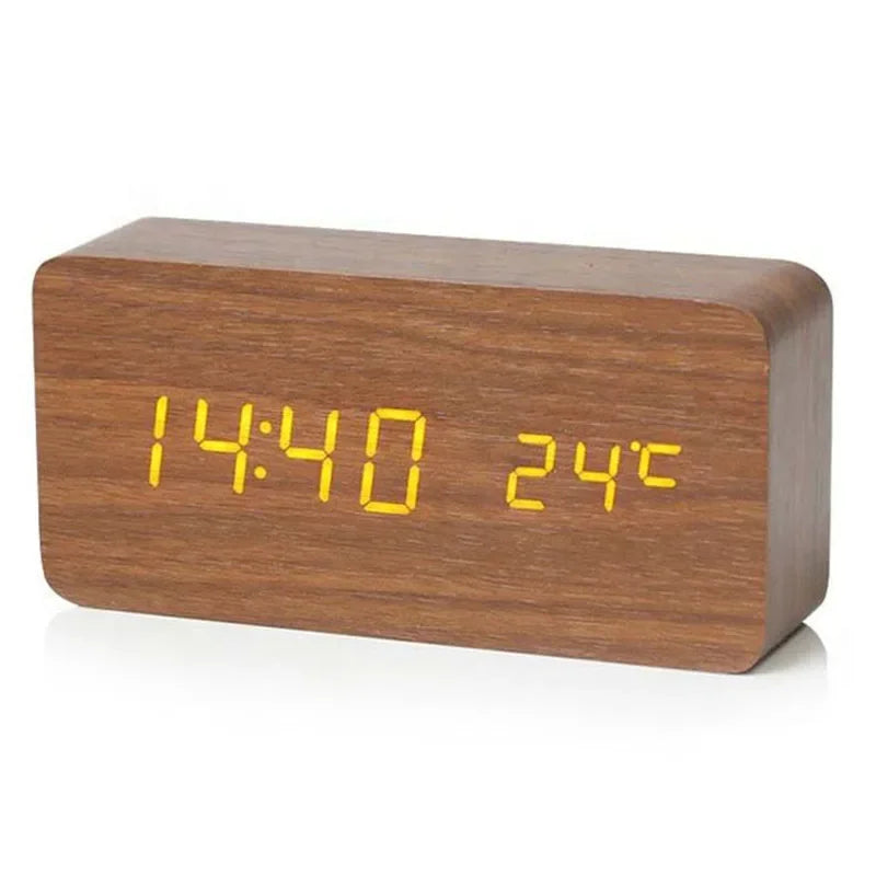 Retro wooden LED digital alarm clock silent with temperature night light electronic fashion wooden clock living room bedside