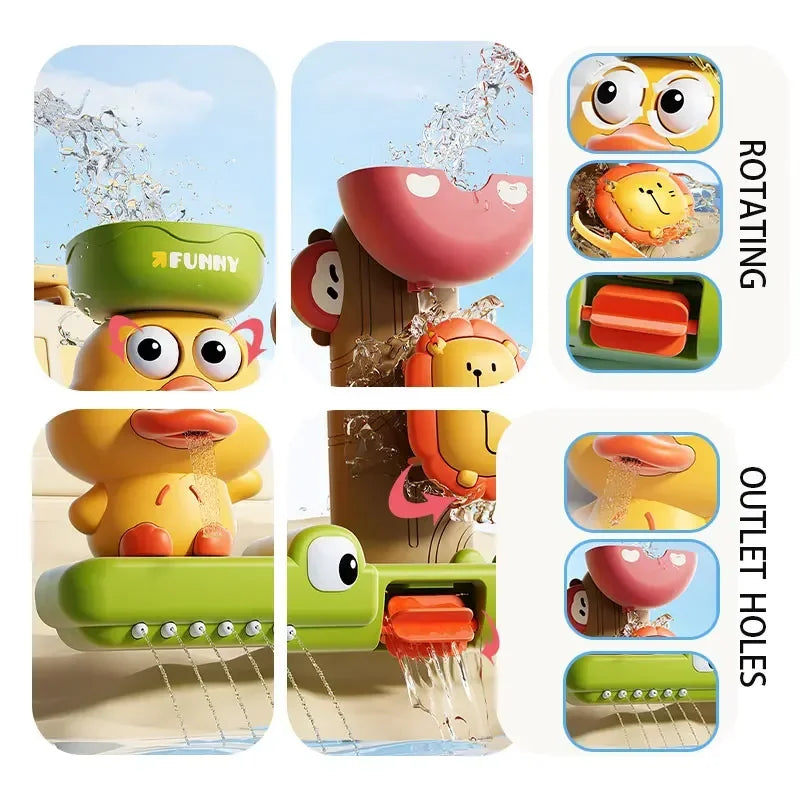 Baby Bath Toy Set Duck Flower & Lion Waterwheel Toys with Suction Cups