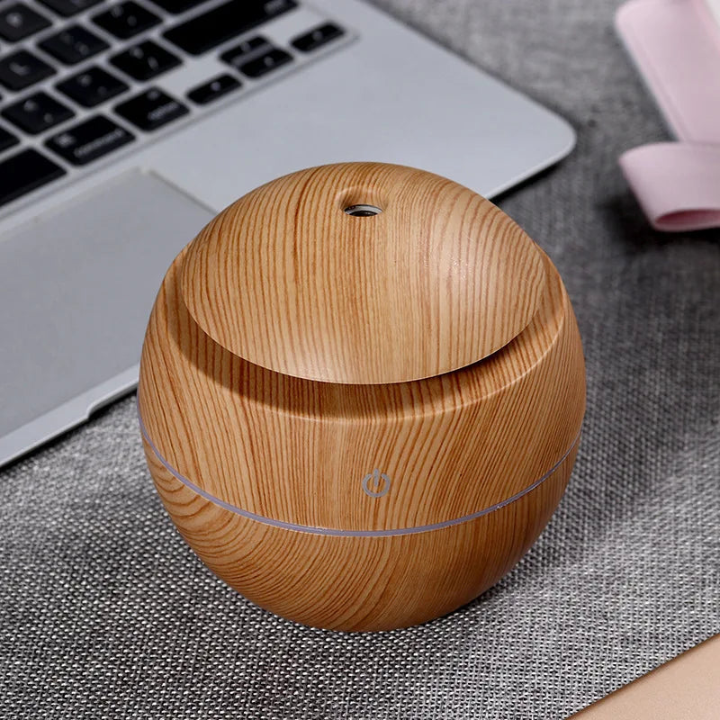 ml USB Small Ball Colorful Light Bass Noise Reduction Mushroom Humidifier Mini Wood Grain Round Hollow Aroma Diffuser