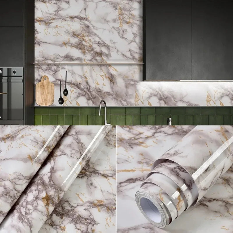 cm Kitchen Self-adhesive Wall Adhesive Wallpaper Marble Pattern Pvc Home Decorations Oil-proof Water-proof Luxury Home Decor