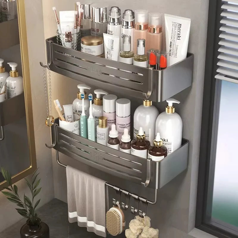 Wall Mounted No-Drill Bathroom Shelf Aluminum Alloy Storage Holder for Shampoo Makeup Kitchen Organizer Accessory
