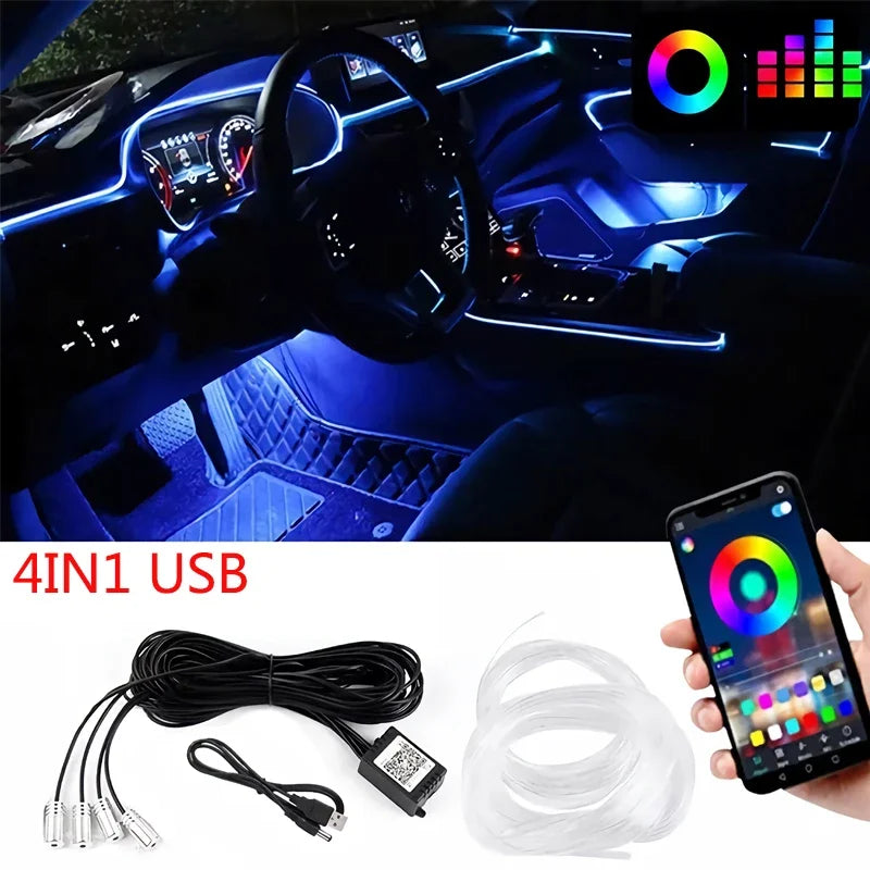 Flexible EL Wire RGB Car Lights App-Controlled Neon Strip for Interior Ambient Atmosphere