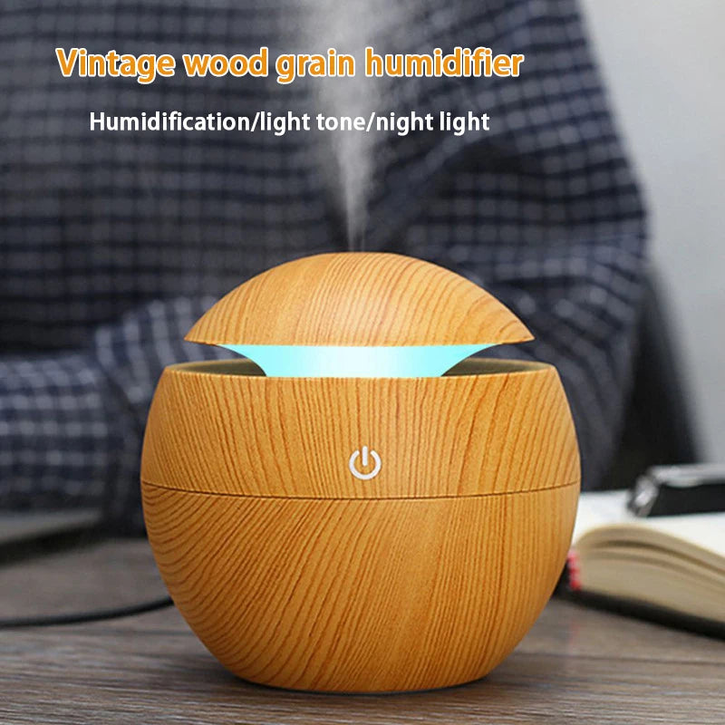ml USB Small Ball Colorful Light Bass Noise Reduction Mushroom Humidifier Mini Wood Grain Round Hollow Aroma Diffuser