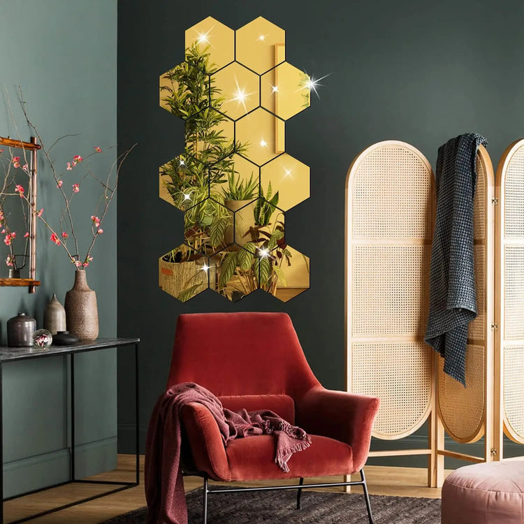 6/12pcs 3D Hexagon Mirror Wall Sticker Rose Gold DIY TV Background Living Room Stickers Wall Decor Bedroom Bathroom Home Decor - Zecs shopping