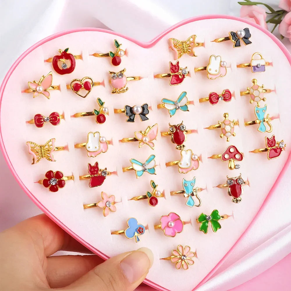 pcs Cute Adjustable Rings Children Girls Pretend Play Makeup Toys Cartoon Crystal Jewelry Alloy Animal Enamel Ring