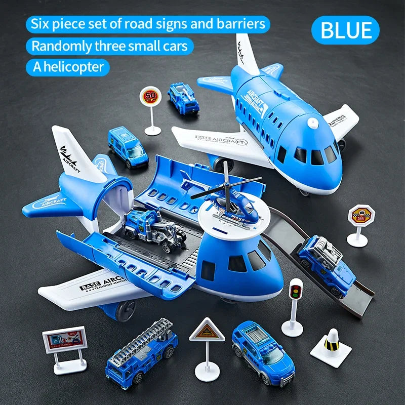 Kids Airplane & Car Model Set Inertial Simulation Vehicles with Helicopter & Road Signs