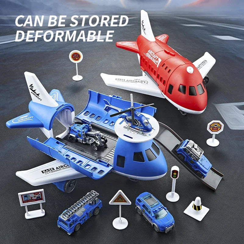 Kids Airplane & Car Model Set Inertial Simulation Vehicles with Helicopter & Road Signs