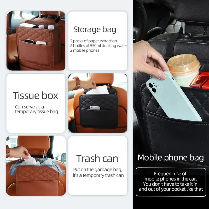 Multifunctional Car Seat Storage Bag Leather Organizer Garbage Bag Fits Most Car Models