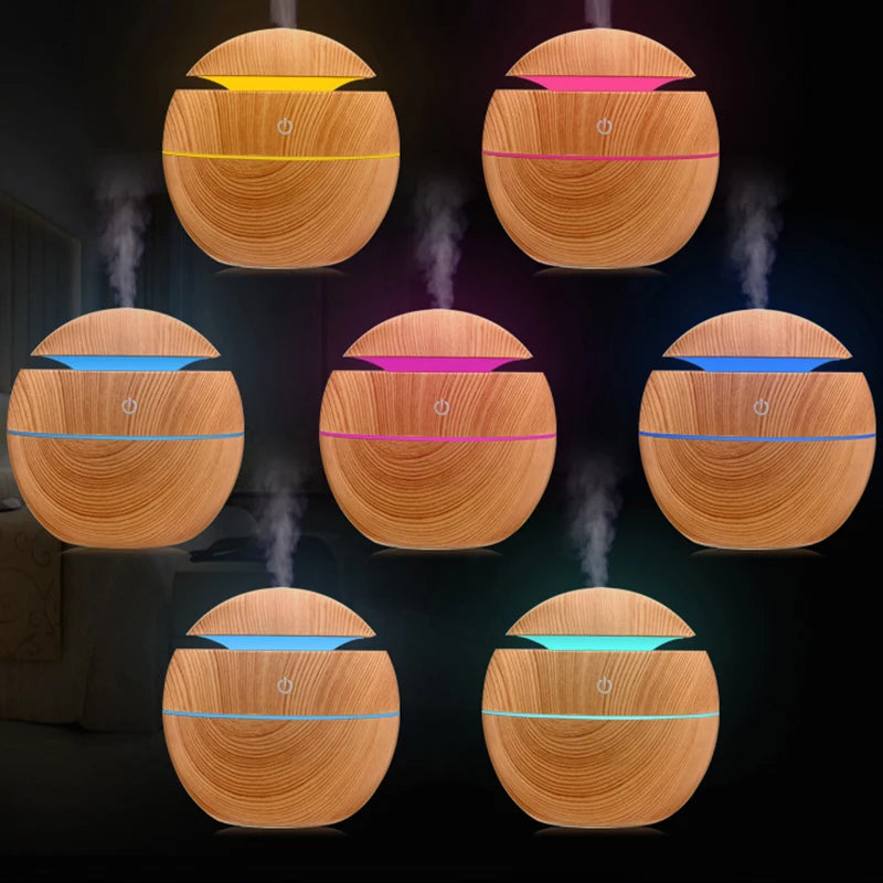 ml USB Small Ball Colorful Light Bass Noise Reduction Mushroom Humidifier Mini Wood Grain Round Hollow Aroma Diffuser
