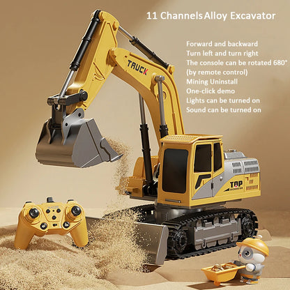 Alloy RC Excavator Toy – Remote Control Construction Vehicle with Lights and Sound