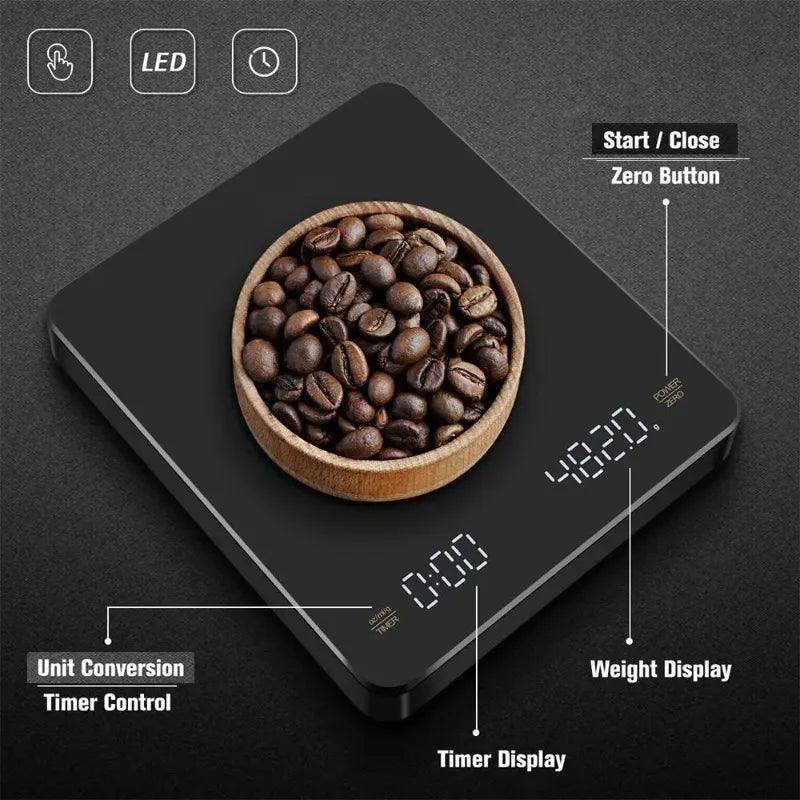 Digital Coffee Scale with Timer LED Screen Espresso USB kg MaxWeighing g High Precision Measures in Ozmlg Kitchen Scale