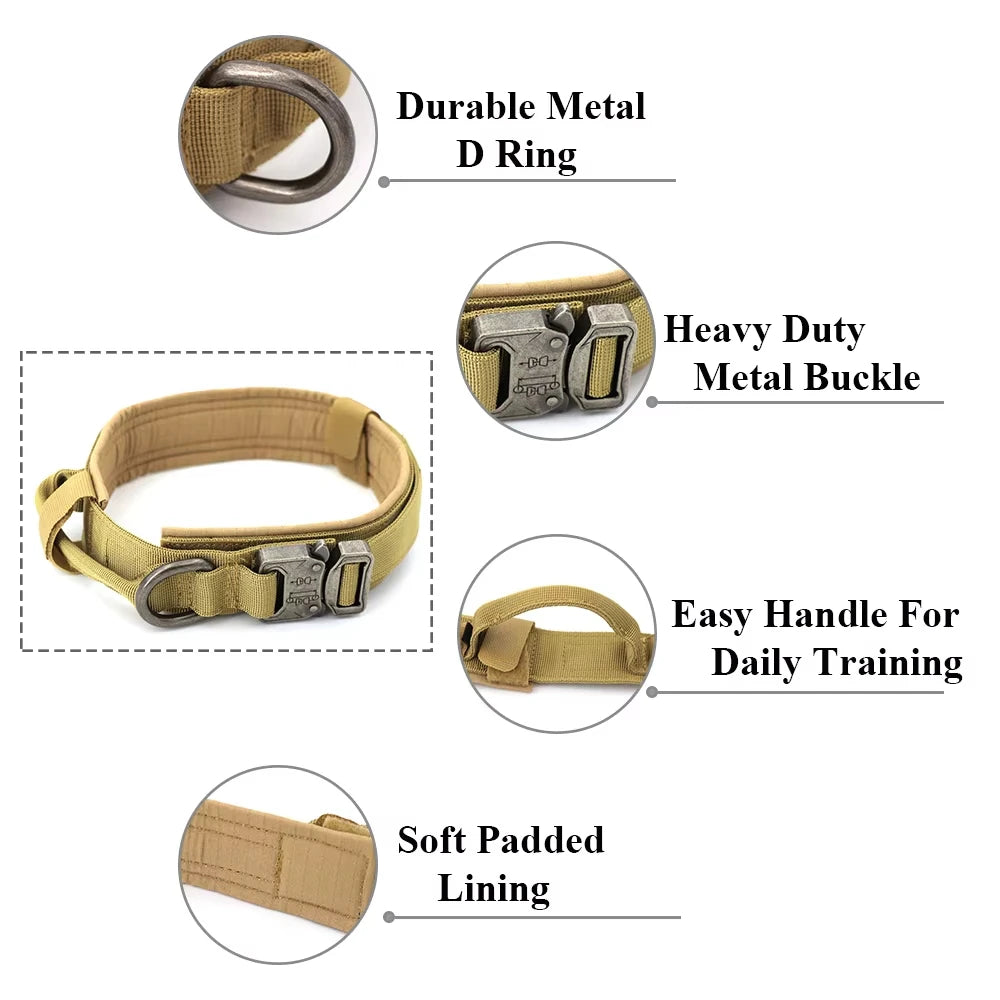 Tactical Military Dog Collar Adjustable Nylon Dog Collar with Control Handle and Metal Buckle for Medium and Large Dogs
