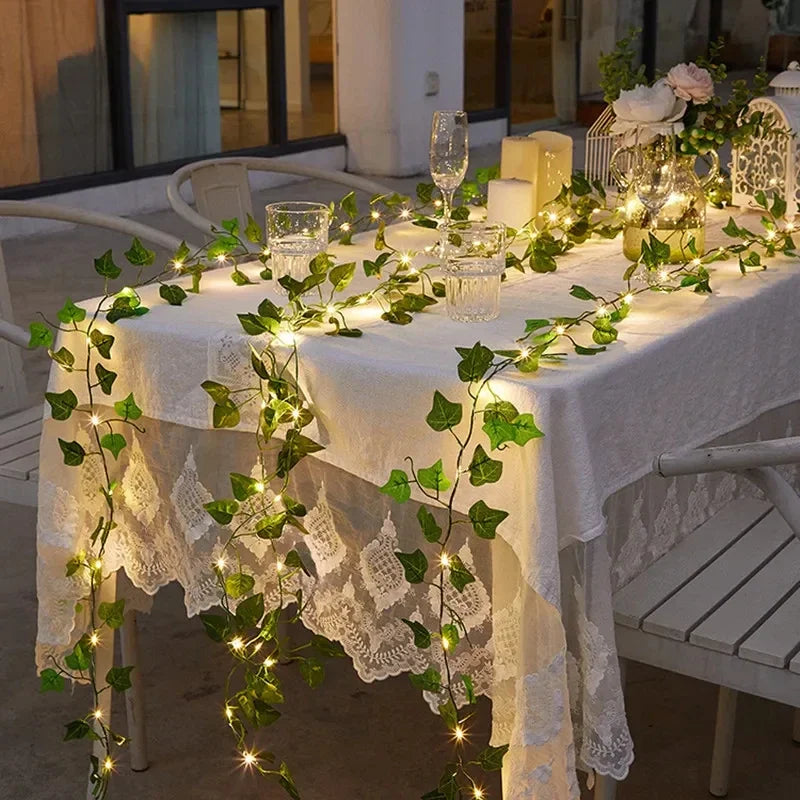 12/10/2m Fake Green Leaf Ivy Vine with LED Lights Home Bedroom Decor Wedding Glowing Artifical Plant Garland Home Decor - Zecs shopping