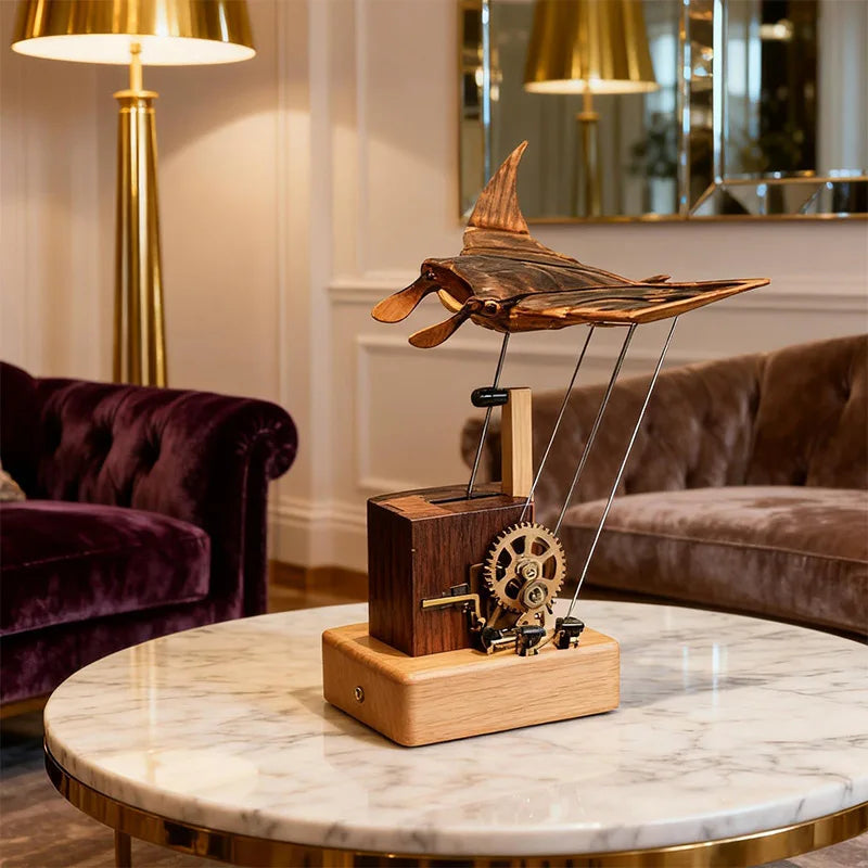 Wooden Manta Ray Automaton – Handcrafted Mechanical Ocean Sculpture & Hand-Crank Kinetic Desk Decor