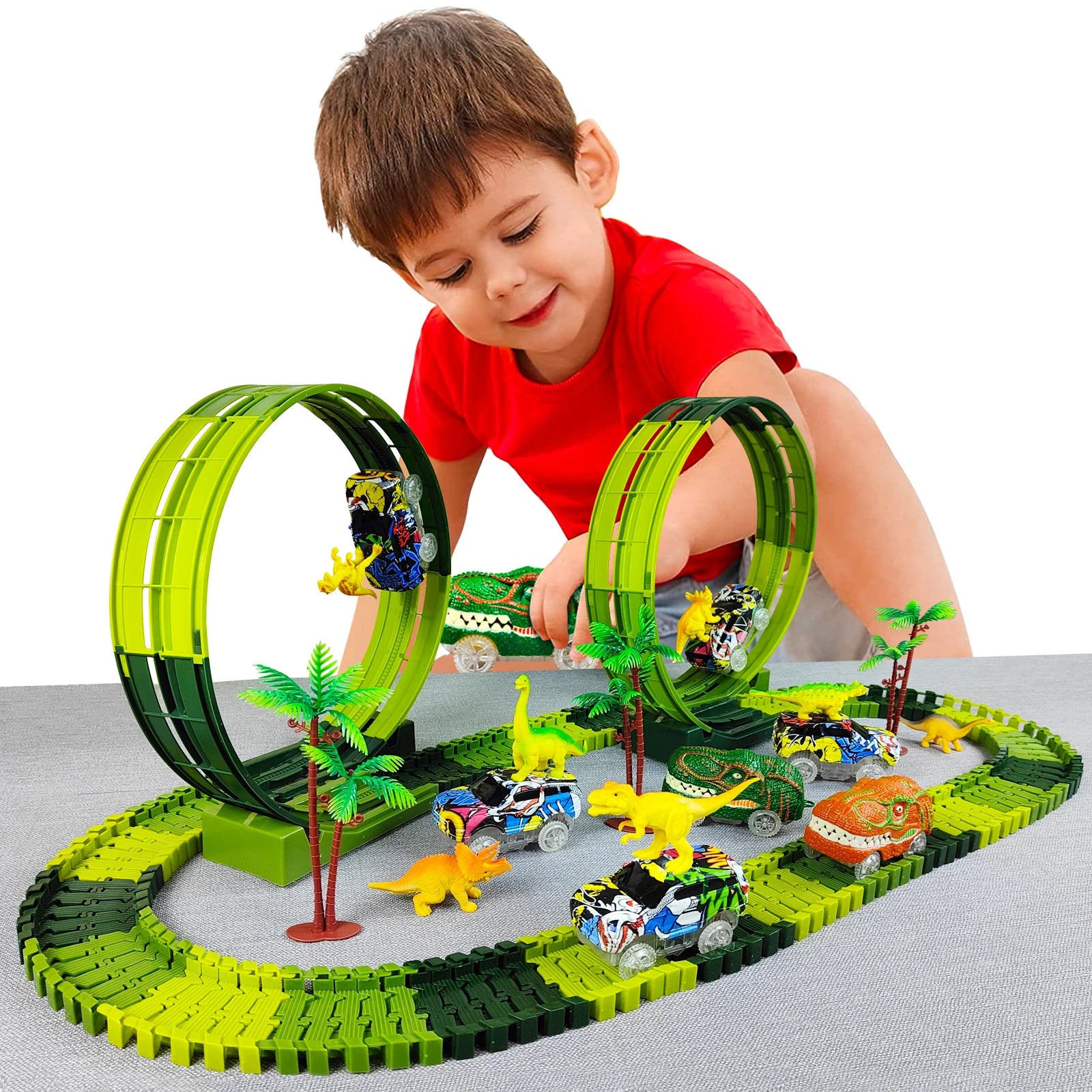 Magic Dinosaur Track Car Set Flexible Railway Adventure with Flashing Lights
