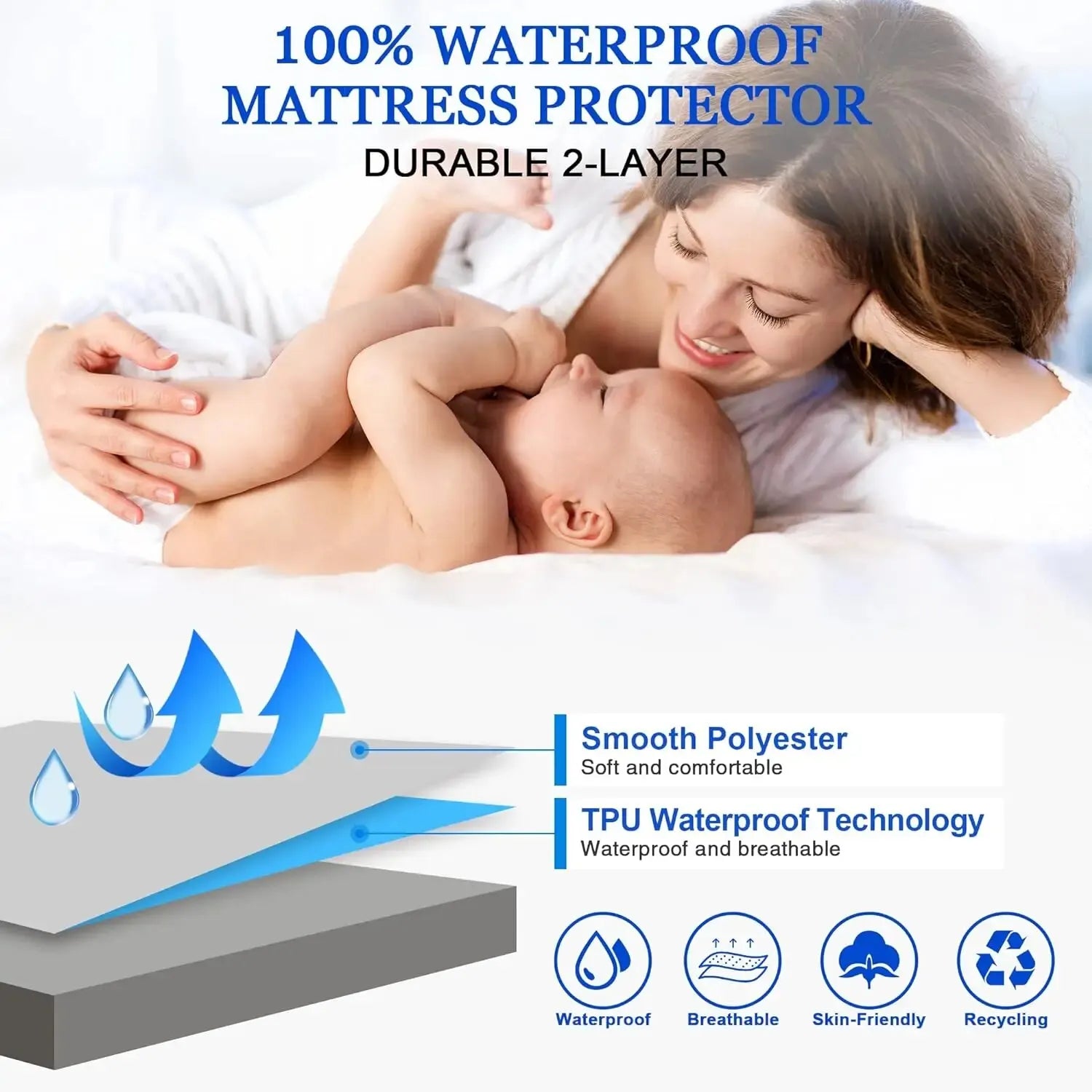 Safe Waterproof Mattress Protector, Soft Comfortable Breathable Solid Color Bedding Mattress Cover Fitted, Machine Washable - Zecs shopping