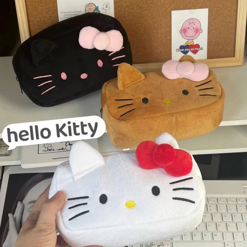 Sanrio Hello Kitty Plush Pencil Case Anime Cosmetic Storage Bags Stationery Bag Student School Supplies Girl Birthday Gifts