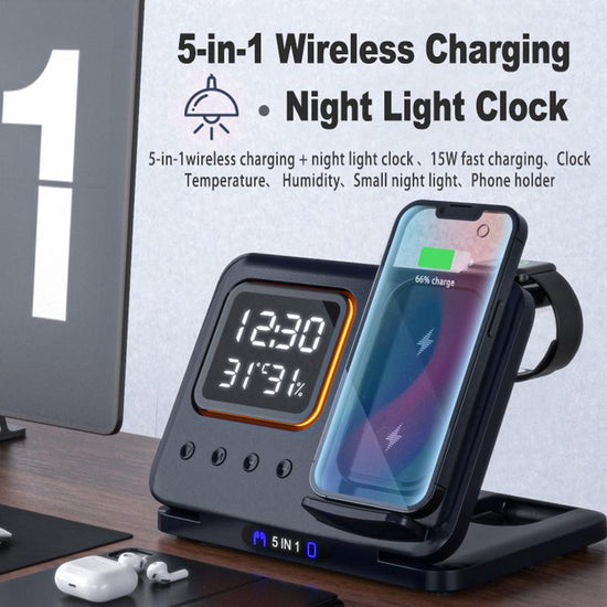 5-in-1 Wireless Charging Station with LED Alarm Clock – Fast Charging Dock Stand