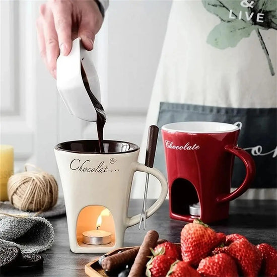 Mini Fondue Mug Set – Personal Chocolate & Cheese Fondue Warmer Cup